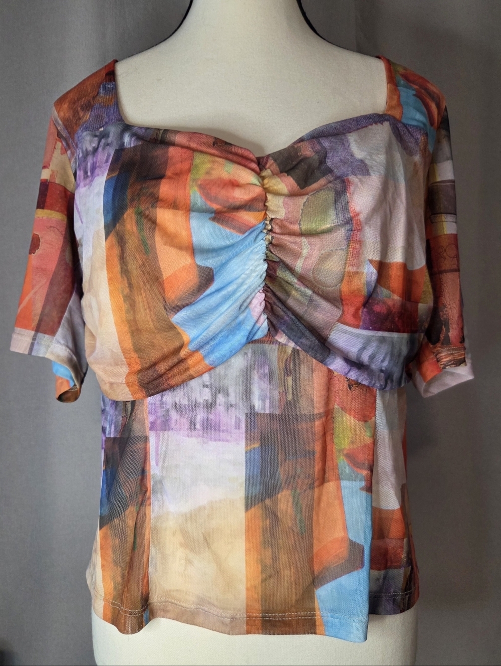 What Lo Wants LA USA Semi Sheer Abstract Multi-Color Ruched Front Women’s Top